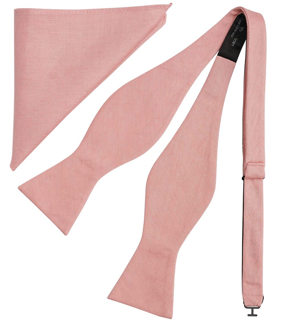 3740 Rose Gold Bow Tie and Pocket Square Tuexdo, Self-Tied Cotton Linen Bow